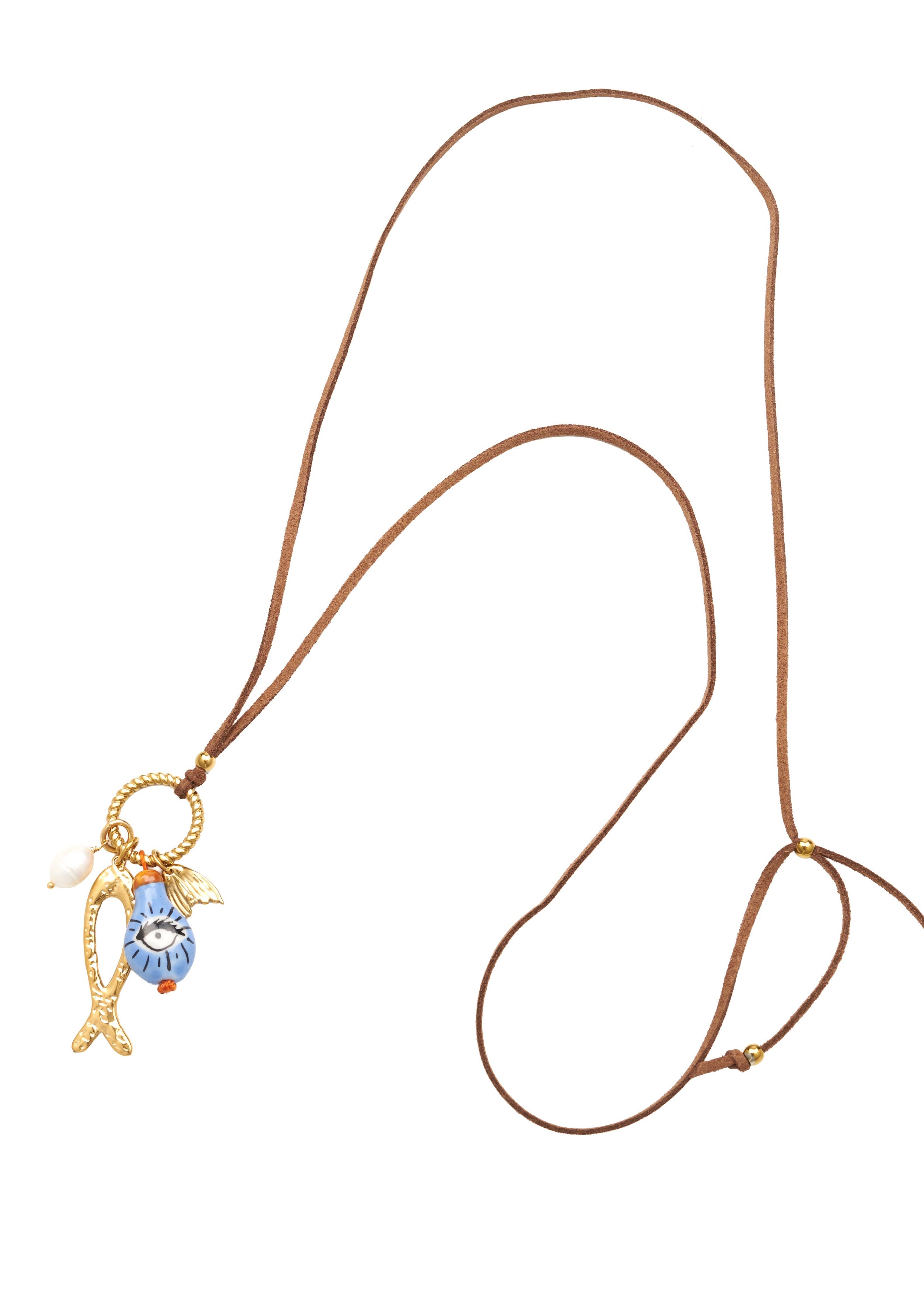 Collar Ante. Acero inoxidable baño en oro 14K, cerámica, perla y cuero de ante.