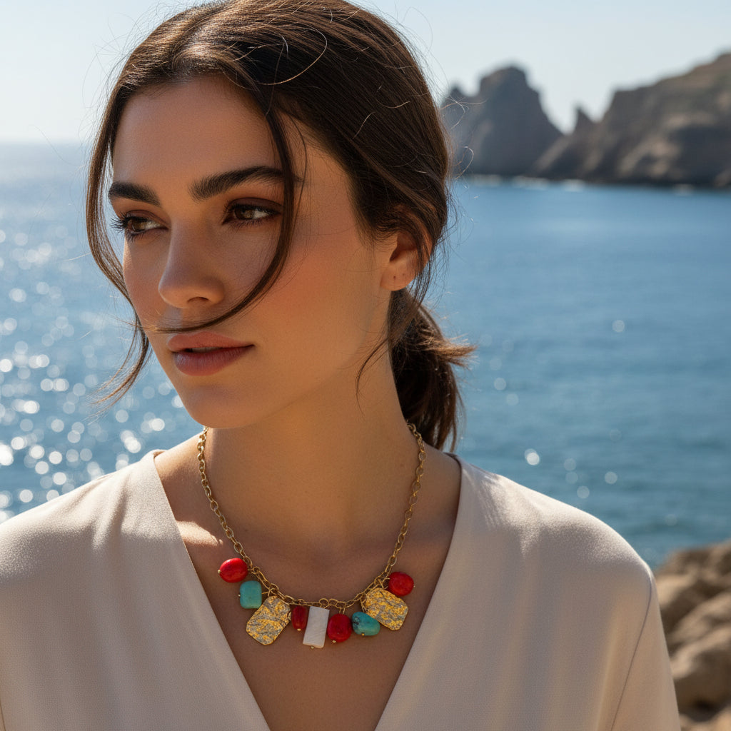 Collar Madreperla. Acero inoxidable bañado en oro 18K, coral bambú, magnesita y madreperla