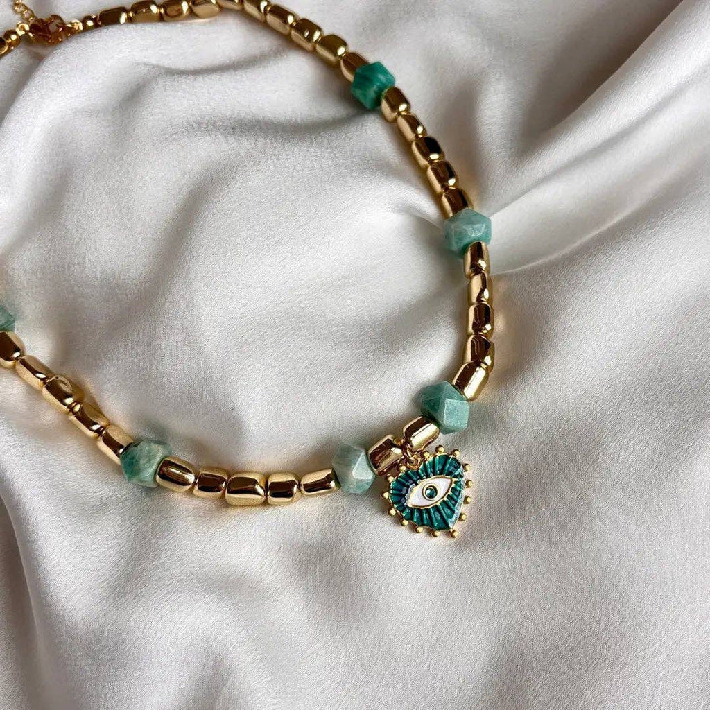 Collar Ojo. Acero inoxidable, de hematita y amazonita