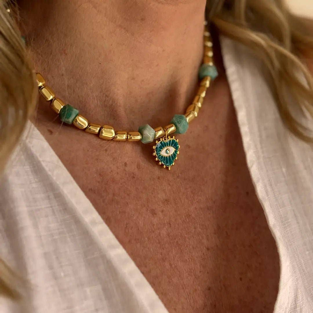 Collar Ojo. Acero inoxidable, de hematita y amazonita