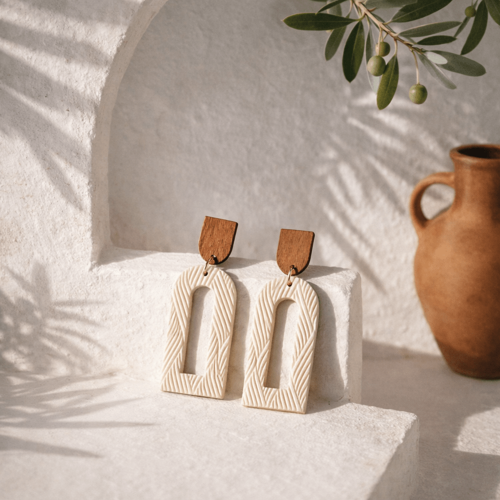 Pendientes Lya. Madera y blanco nacarado
