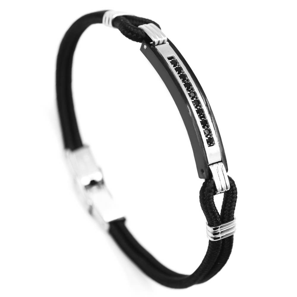 Pulsera Axel. Tejido, acero inoxidable y gemas negras