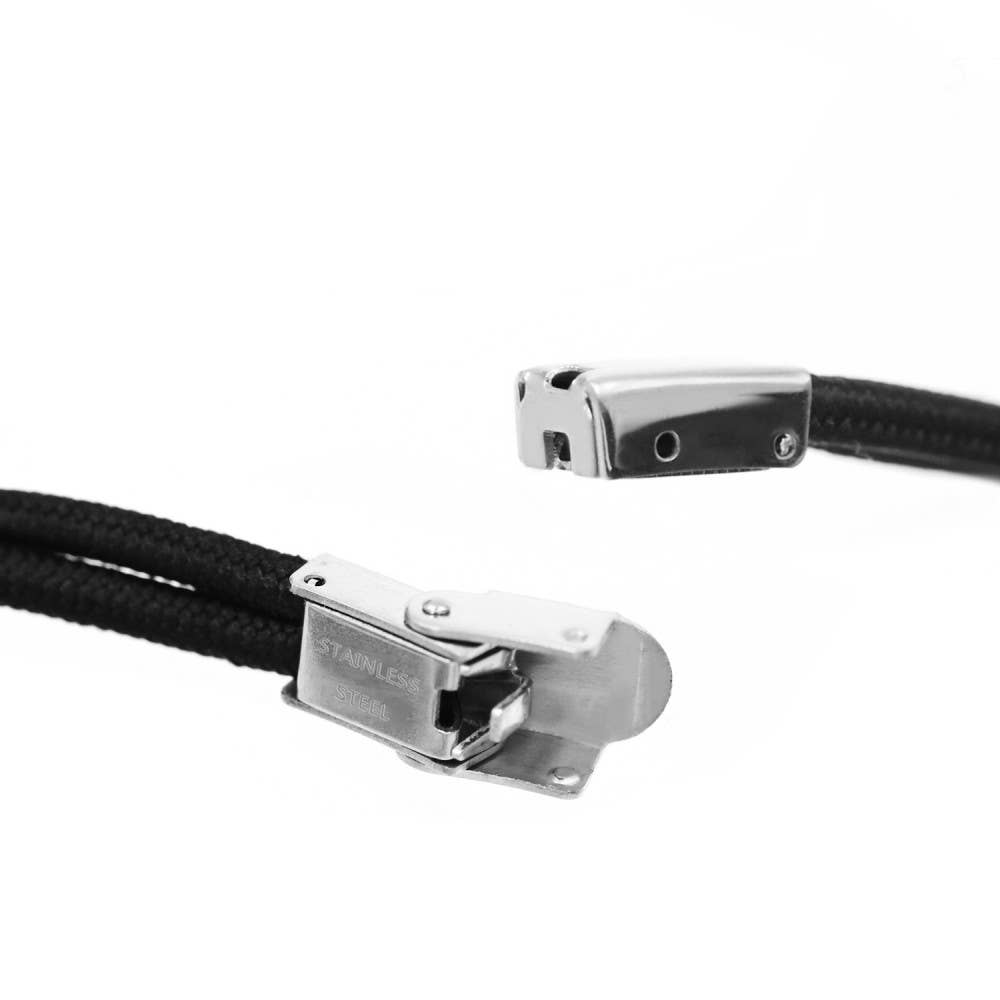 Pulsera Axel. Tejido, acero inoxidable y gemas negras