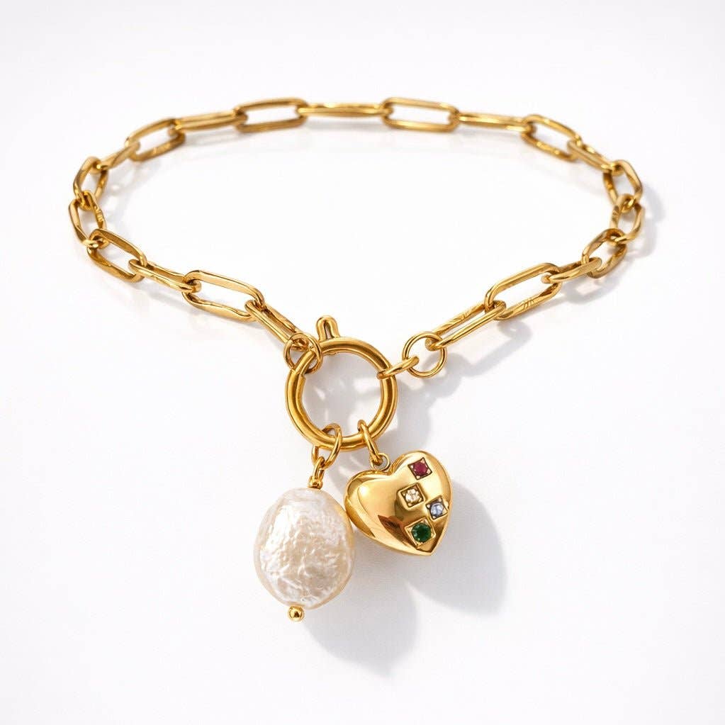Pulsera Amore. Acero inoxidable chapado en oro de 18K con perla Keshi natural
